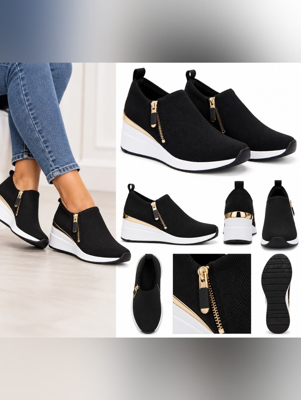 DKNY Palma2 Black Slip-On Wedge Sneaker with Gold Trim